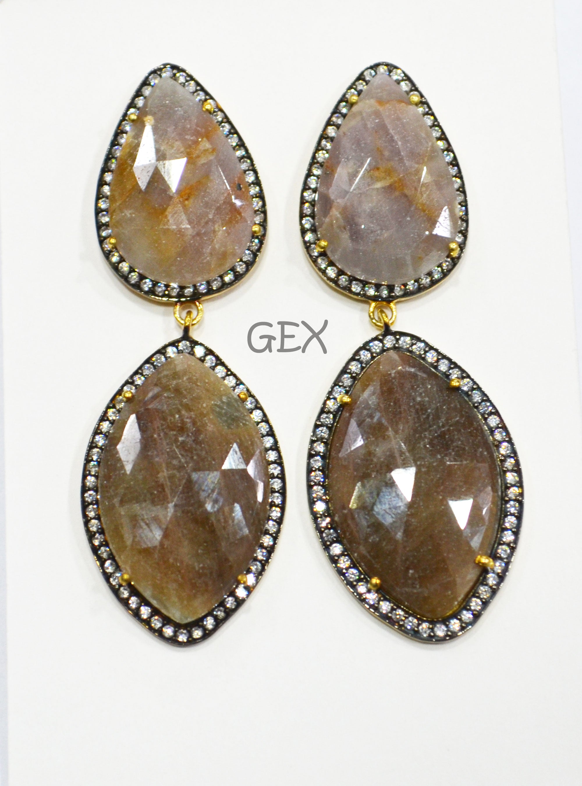 92.5 Sterling Silver Shaded Brown And Gray Sapphire Faceted Fancy Shape Earring , Shaded Brown And Gray Sapphire With Pave Cubic Zirconia Earring , 60 mm , E-020
