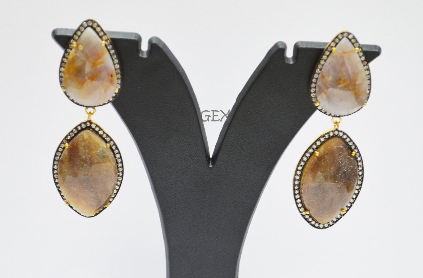 92.5 Sterling Silver Shaded Brown And Gray Sapphire Faceted Fancy Shape Earring , Shaded Brown And Gray Sapphire With Pave Cubic Zirconia Earring , 60 mm , E-020