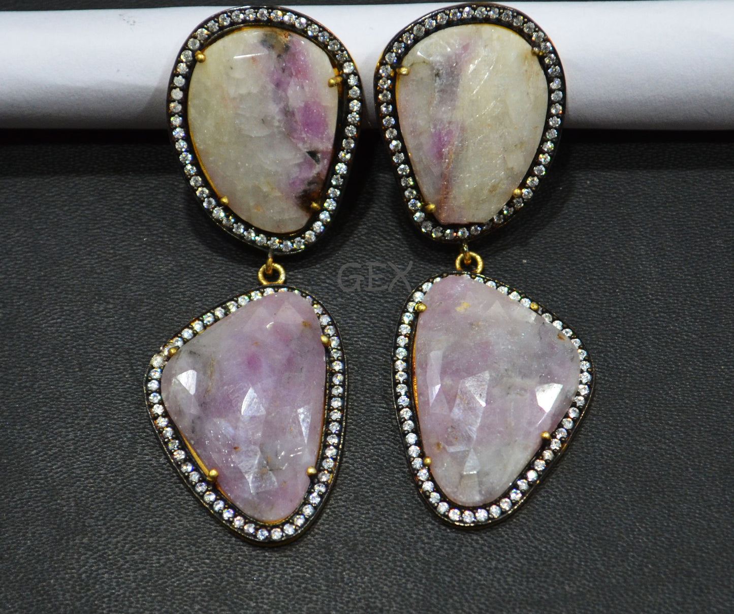 92.5 Sterling Silver Shaded White And Purple Sapphire Faceted Fancy Shape Earring , Shaded White And Purple Sapphire With Pave Cubic Zirconia Earring , 58 mm , E-021