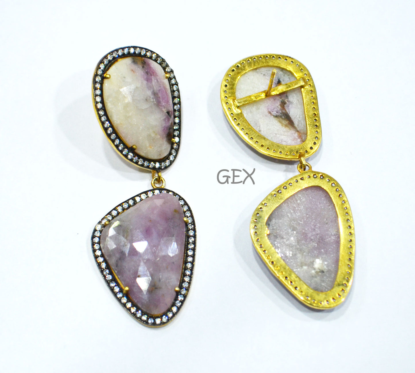 92.5 Sterling Silver Shaded White And Purple Sapphire Faceted Fancy Shape Earring , Shaded White And Purple Sapphire With Pave Cubic Zirconia Earring , 58 mm , E-021