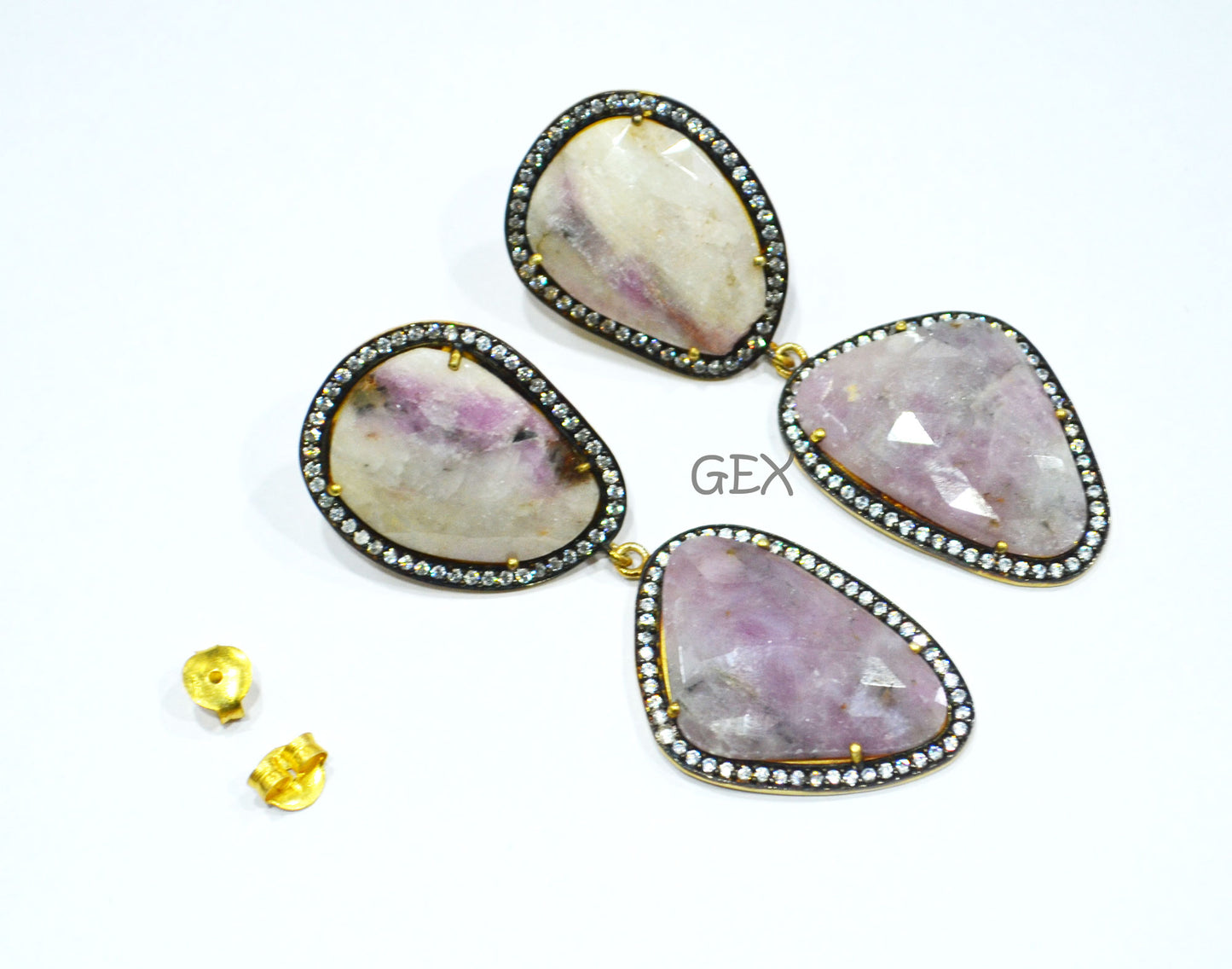 92.5 Sterling Silver Shaded White And Purple Sapphire Faceted Fancy Shape Earring , Shaded White And Purple Sapphire With Pave Cubic Zirconia Earring , 58 mm , E-021