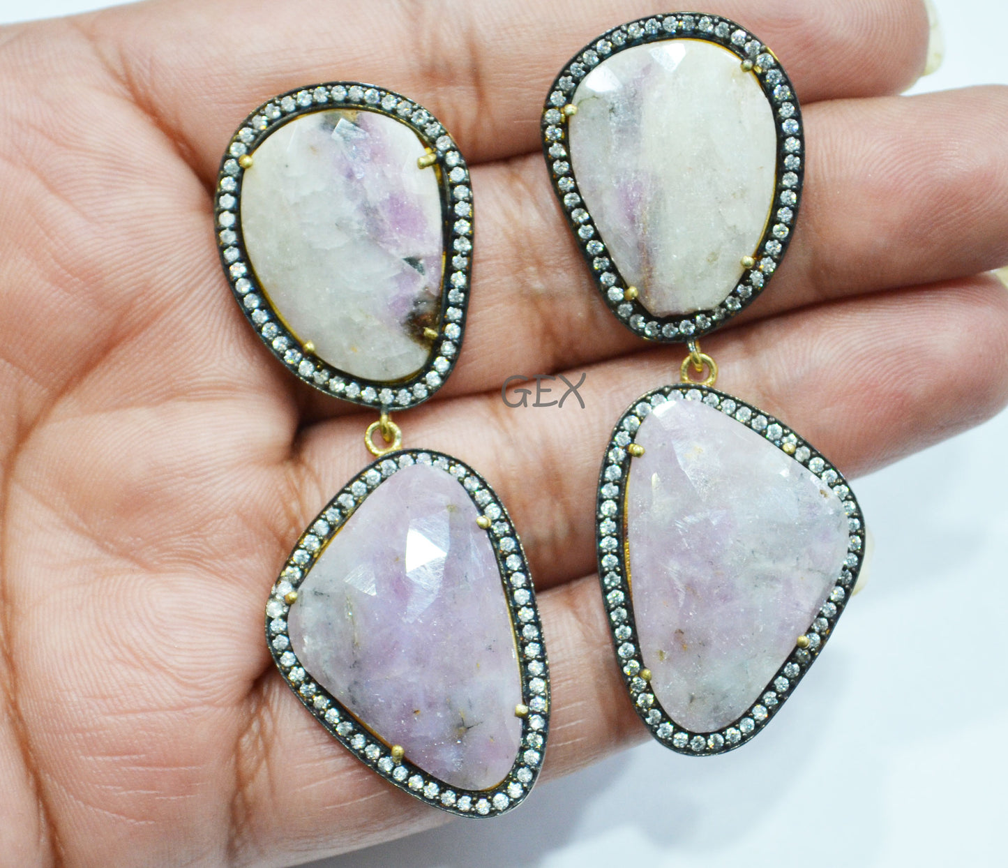 92.5 Sterling Silver Shaded White And Purple Sapphire Faceted Fancy Shape Earring , Shaded White And Purple Sapphire With Pave Cubic Zirconia Earring , 58 mm , E-021