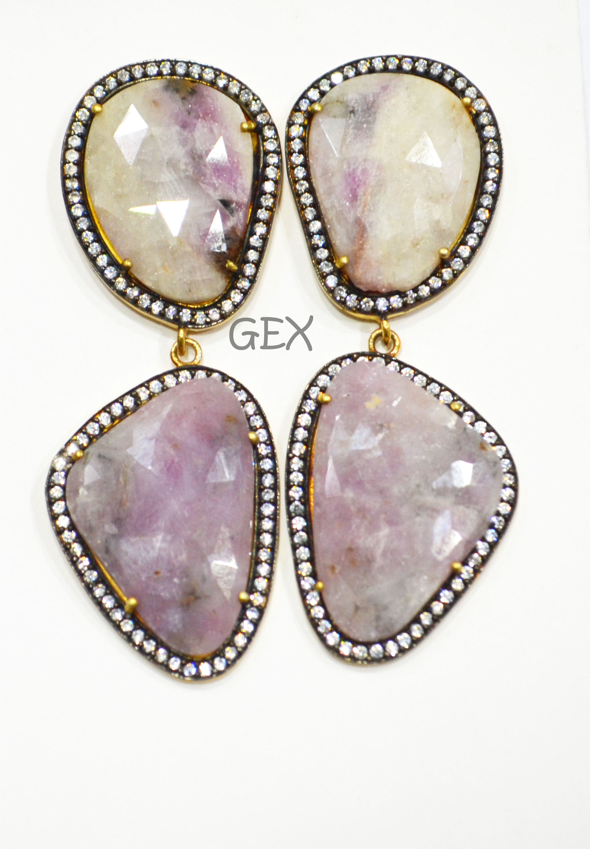 92.5 Sterling Silver Shaded White And Purple Sapphire Faceted Fancy Shape Earring , Shaded White And Purple Sapphire With Pave Cubic Zirconia Earring , 58 mm , E-021