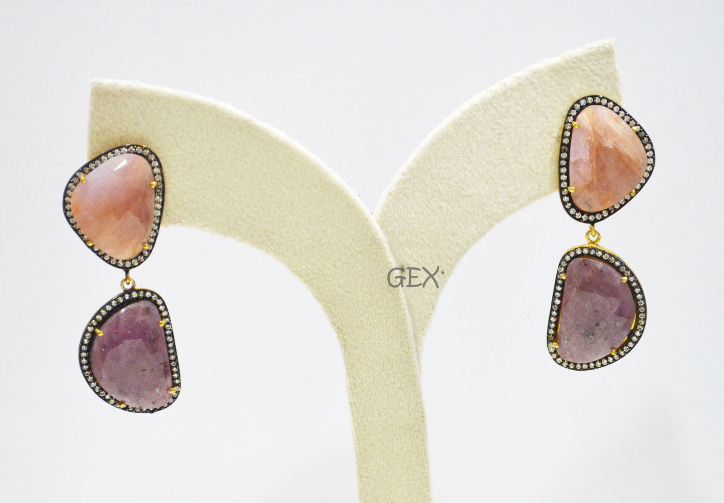 92.5 Sterling Silver Pink And Purple Sapphire Faceted Fancy Shape Earring , Pink And Purple Sapphire With Pave Cubic Zirconia Earring , 58 mm , E-022