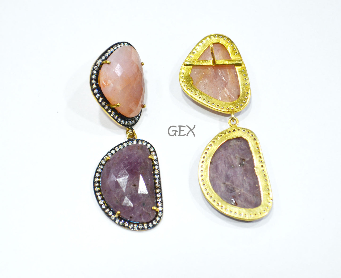 92.5 Sterling Silver Pink And Purple Sapphire Faceted Fancy Shape Earring , Pink And Purple Sapphire With Pave Cubic Zirconia Earring , 58 mm , E-022