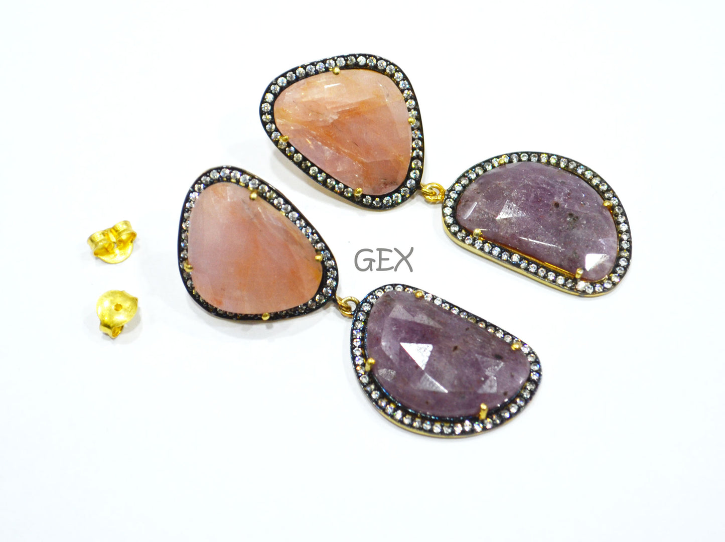 92.5 Sterling Silver Pink And Purple Sapphire Faceted Fancy Shape Earring , Pink And Purple Sapphire With Pave Cubic Zirconia Earring , 58 mm , E-022