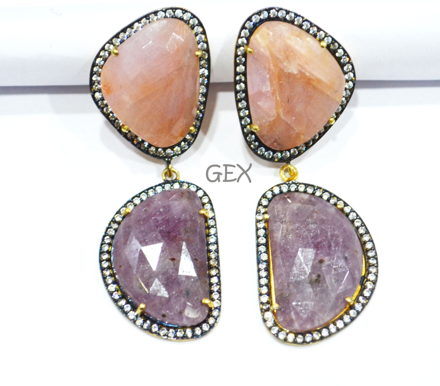 92.5 Sterling Silver Pink And Purple Sapphire Faceted Fancy Shape Earring , Pink And Purple Sapphire With Pave Cubic Zirconia Earring , 58 mm , E-022