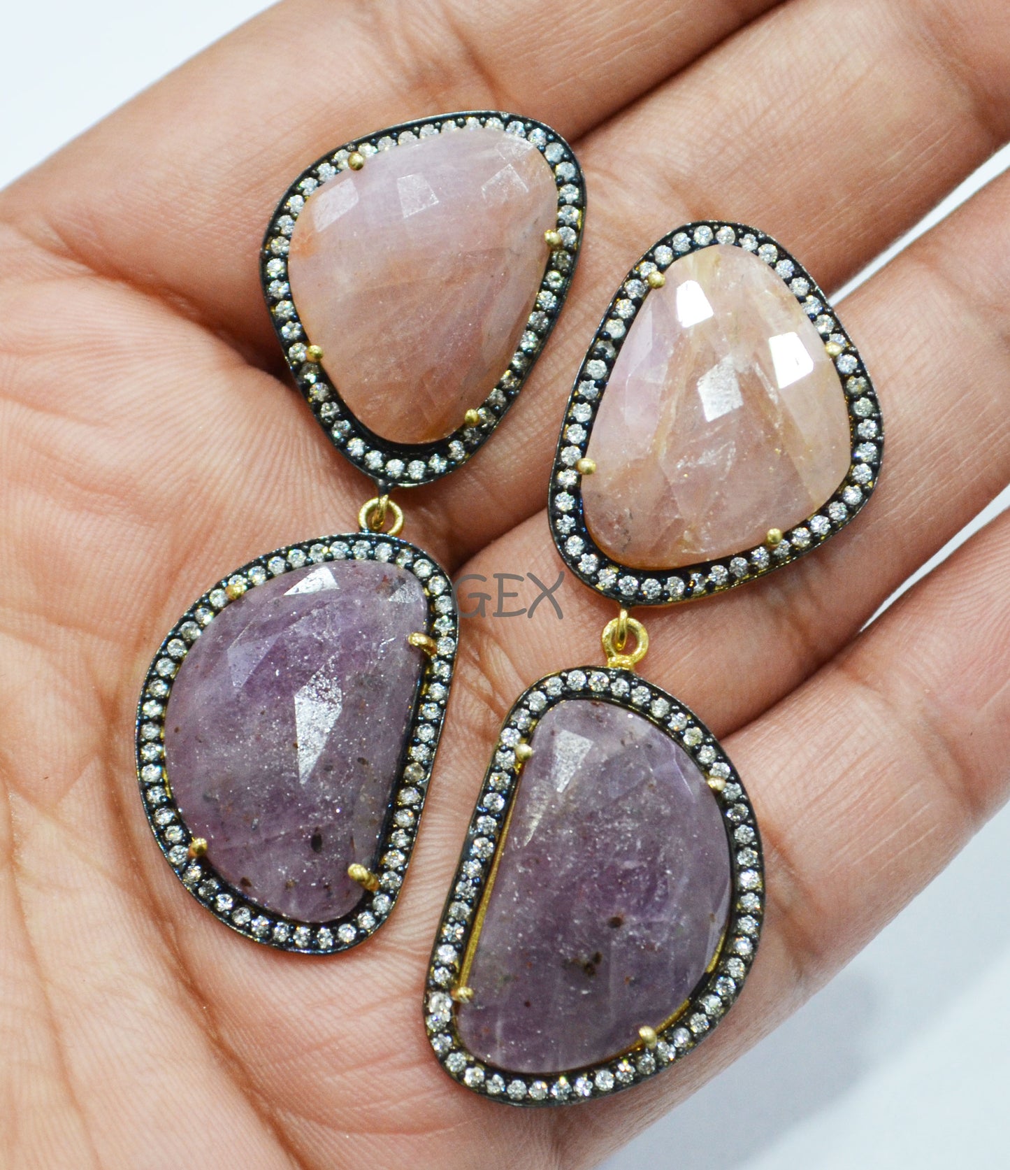 92.5 Sterling Silver Pink And Purple Sapphire Faceted Fancy Shape Earring , Pink And Purple Sapphire With Pave Cubic Zirconia Earring , 58 mm , E-022