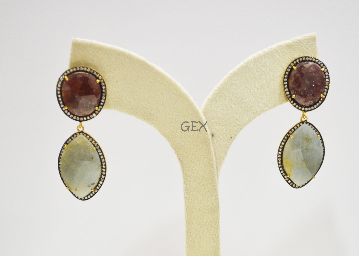 92.5 Sterling Silver Ruby And Aqua Blue Sapphire Faceted Fancy Shape Earring , Ruby And Aqua Blue Sapphire With Pave Cubic Zirconia Earring , 58 mm , E-023
