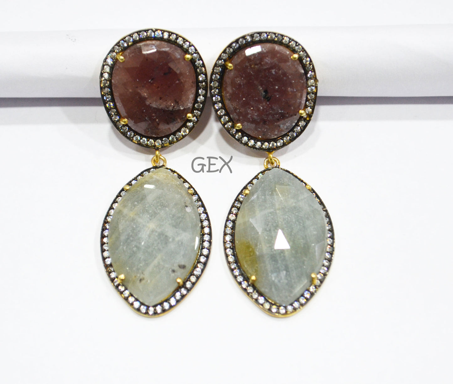 92.5 Sterling Silver Ruby And Aqua Blue Sapphire Faceted Fancy Shape Earring , Ruby And Aqua Blue Sapphire With Pave Cubic Zirconia Earring , 58 mm , E-023