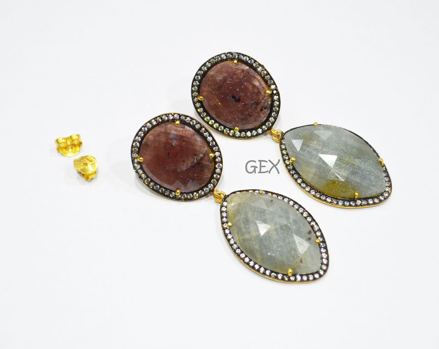 92.5 Sterling Silver Ruby And Aqua Blue Sapphire Faceted Fancy Shape Earring , Ruby And Aqua Blue Sapphire With Pave Cubic Zirconia Earring , 58 mm , E-023