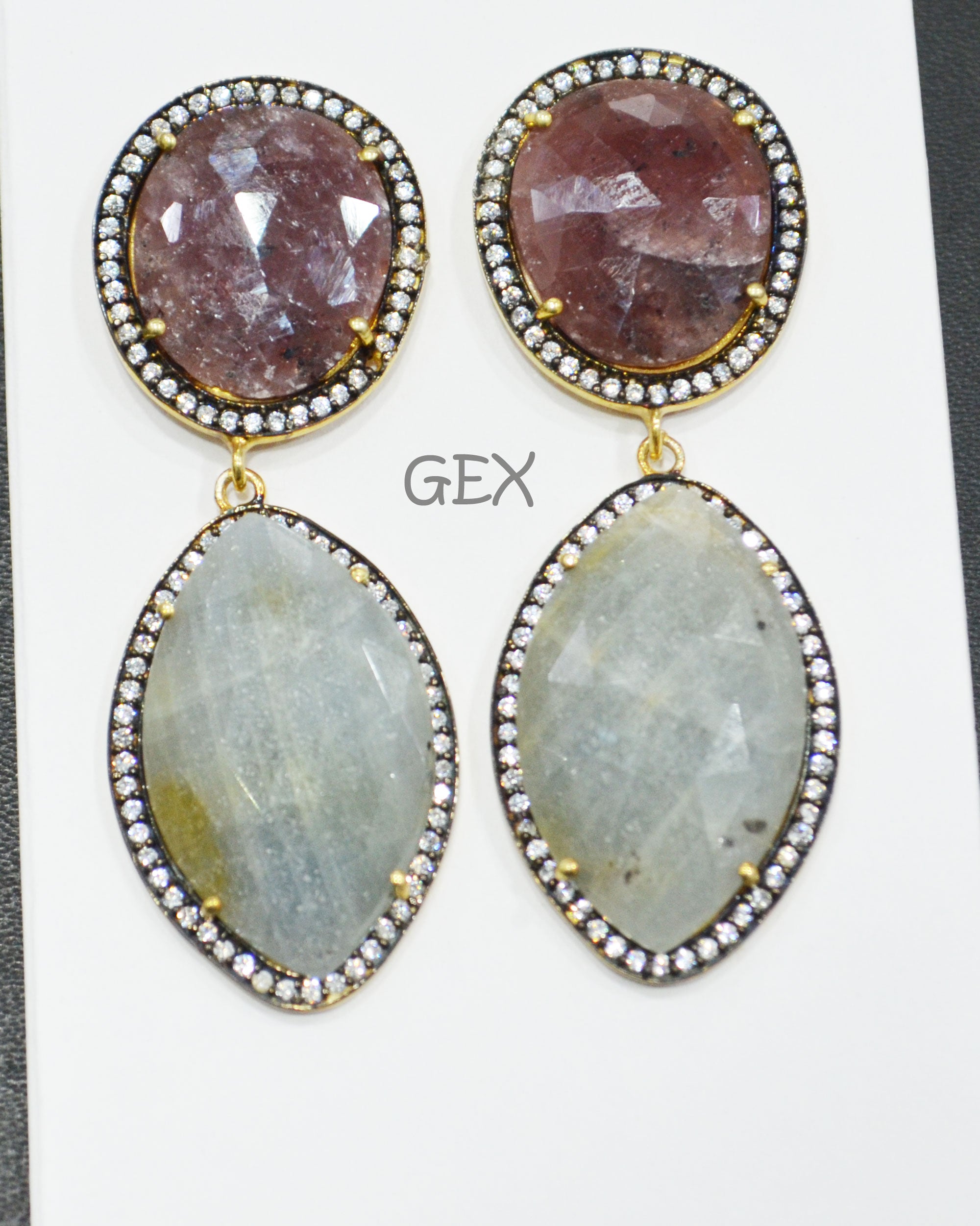 92.5 Sterling Silver Ruby And Aqua Blue Sapphire Faceted Fancy Shape Earring , Ruby And Aqua Blue Sapphire With Pave Cubic Zirconia Earring , 58 mm , E-023