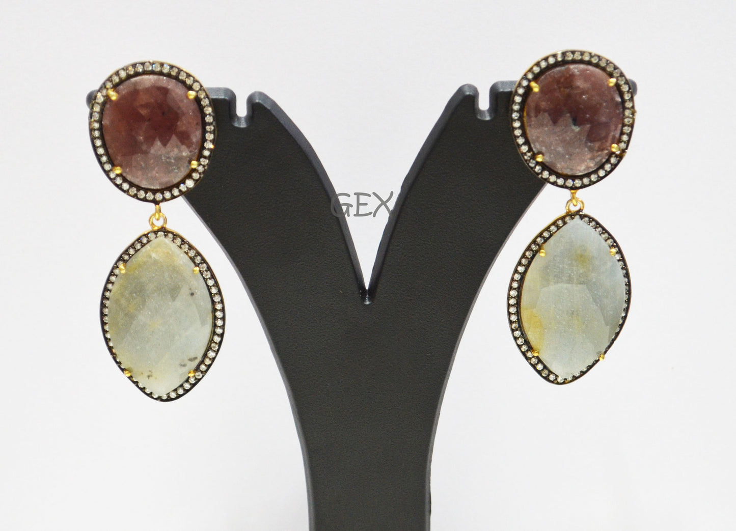 92.5 Sterling Silver Ruby And Aqua Blue Sapphire Faceted Fancy Shape Earring , Ruby And Aqua Blue Sapphire With Pave Cubic Zirconia Earring , 58 mm , E-023