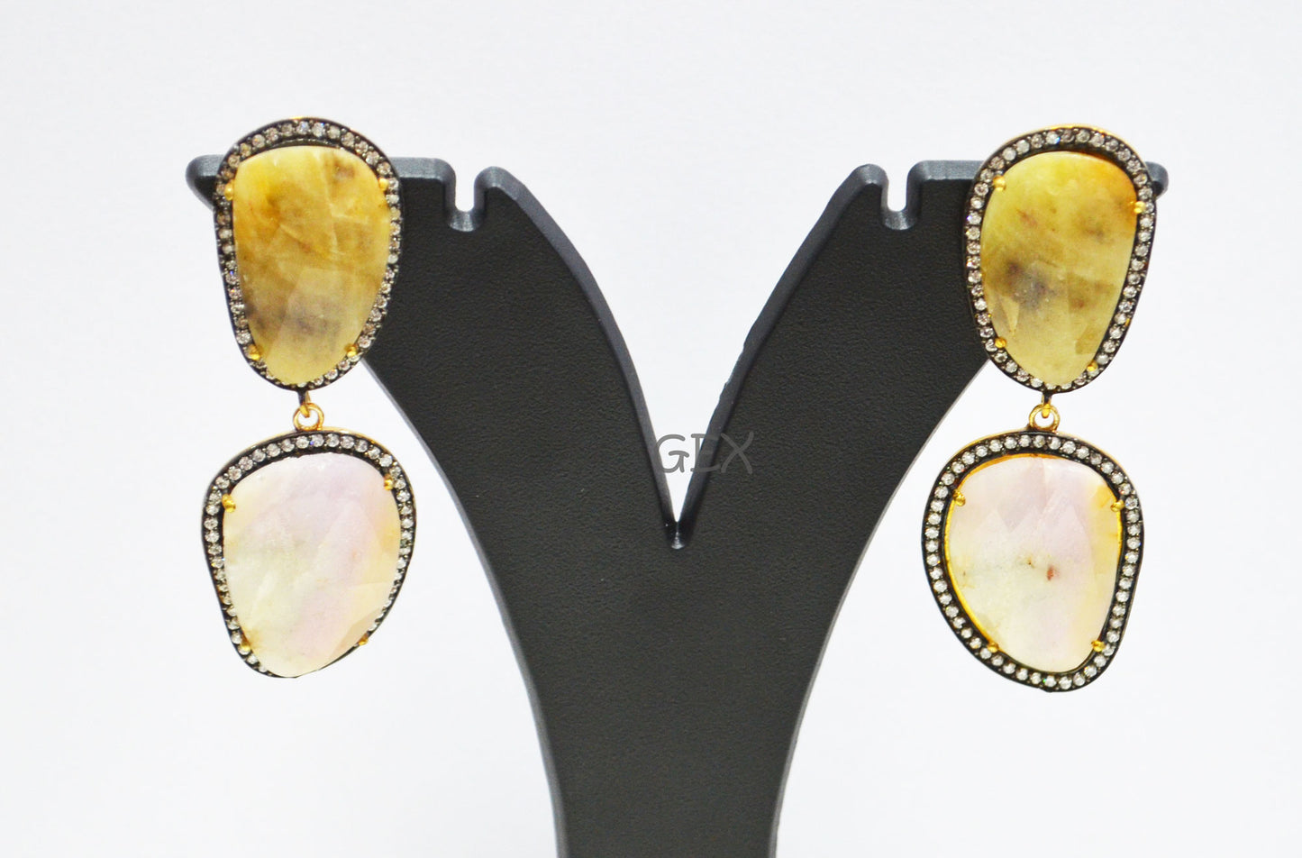 92.5 Sterling Silver Shaded White And Yellow Sapphire Faceted Fancy Shape Earring , Shaded White And Yellow Sapphire With Pave Cubic Zirconia Earring , 58 mm , E-024