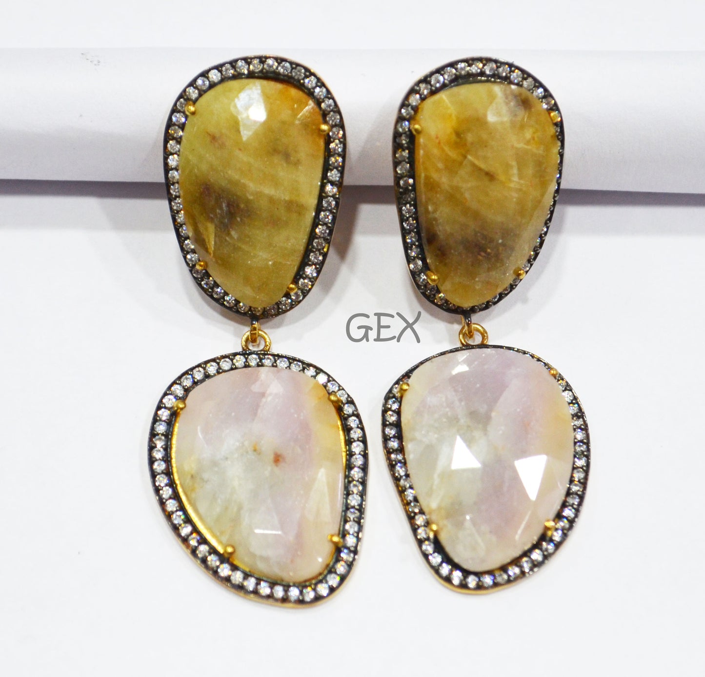 92.5 Sterling Silver Shaded White And Yellow Sapphire Faceted Fancy Shape Earring , Shaded White And Yellow Sapphire With Pave Cubic Zirconia Earring , 58 mm , E-024