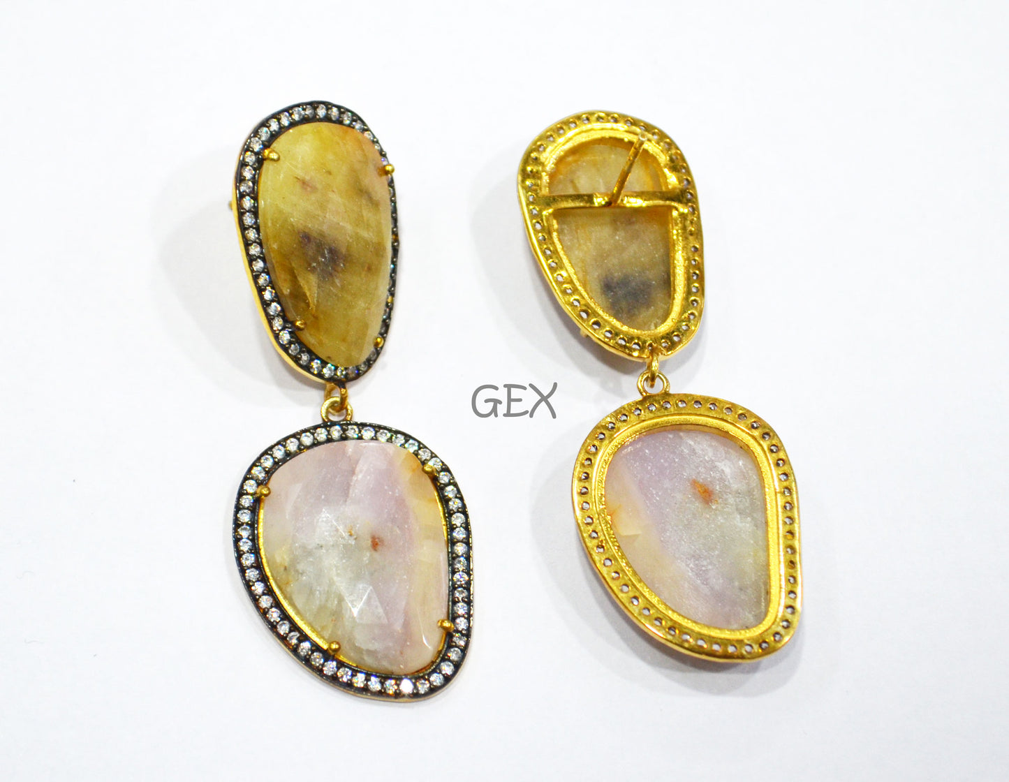 92.5 Sterling Silver Shaded White And Yellow Sapphire Faceted Fancy Shape Earring , Shaded White And Yellow Sapphire With Pave Cubic Zirconia Earring , 58 mm , E-024