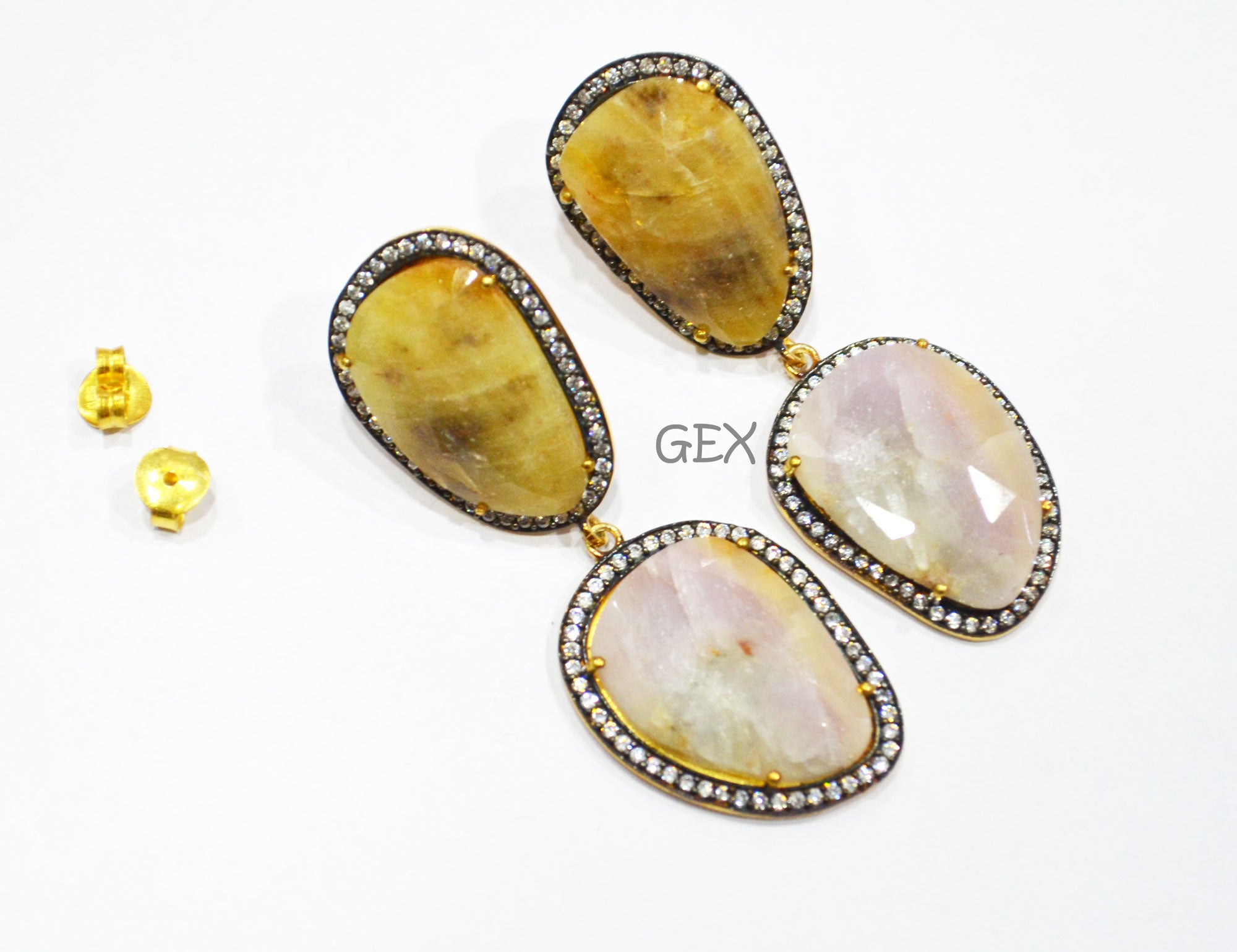 92.5 Sterling Silver Shaded White And Yellow Sapphire Faceted Fancy Shape Earring , Shaded White And Yellow Sapphire With Pave Cubic Zirconia Earring , 58 mm , E-024