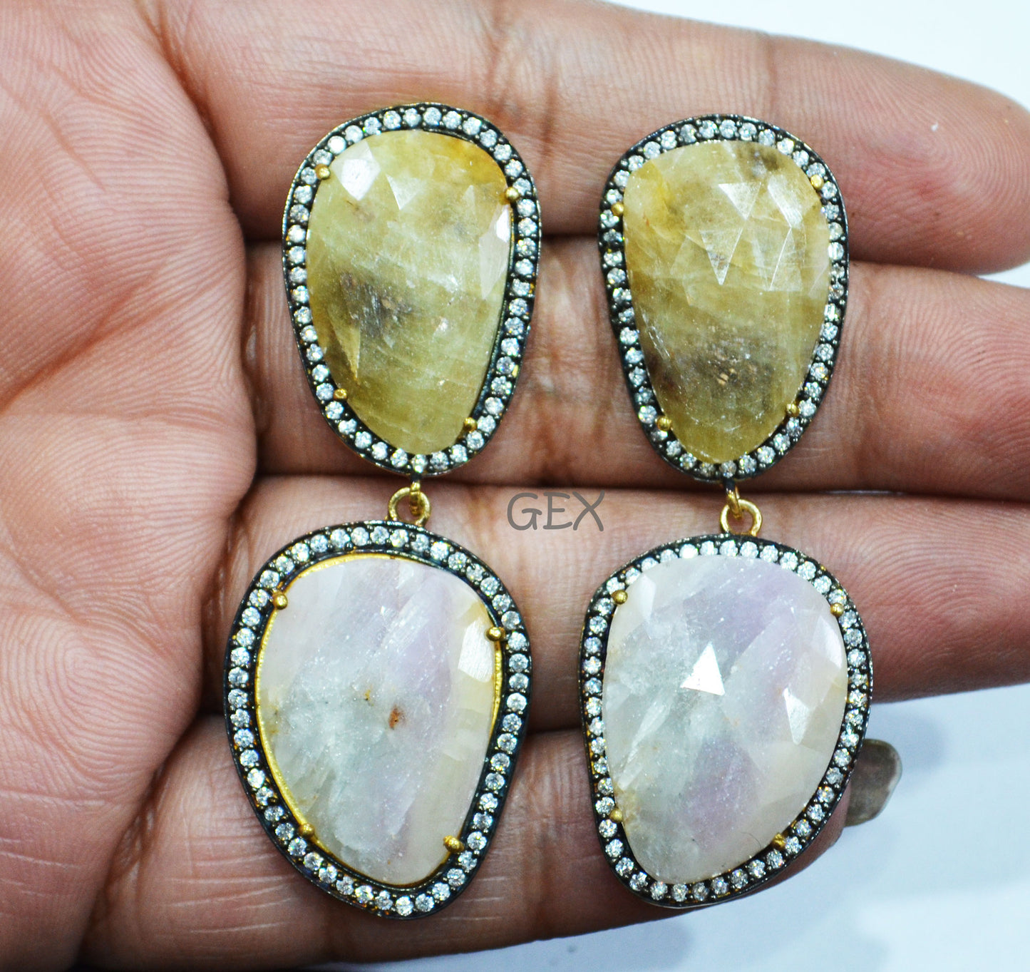 92.5 Sterling Silver Shaded White And Yellow Sapphire Faceted Fancy Shape Earring , Shaded White And Yellow Sapphire With Pave Cubic Zirconia Earring , 58 mm , E-024