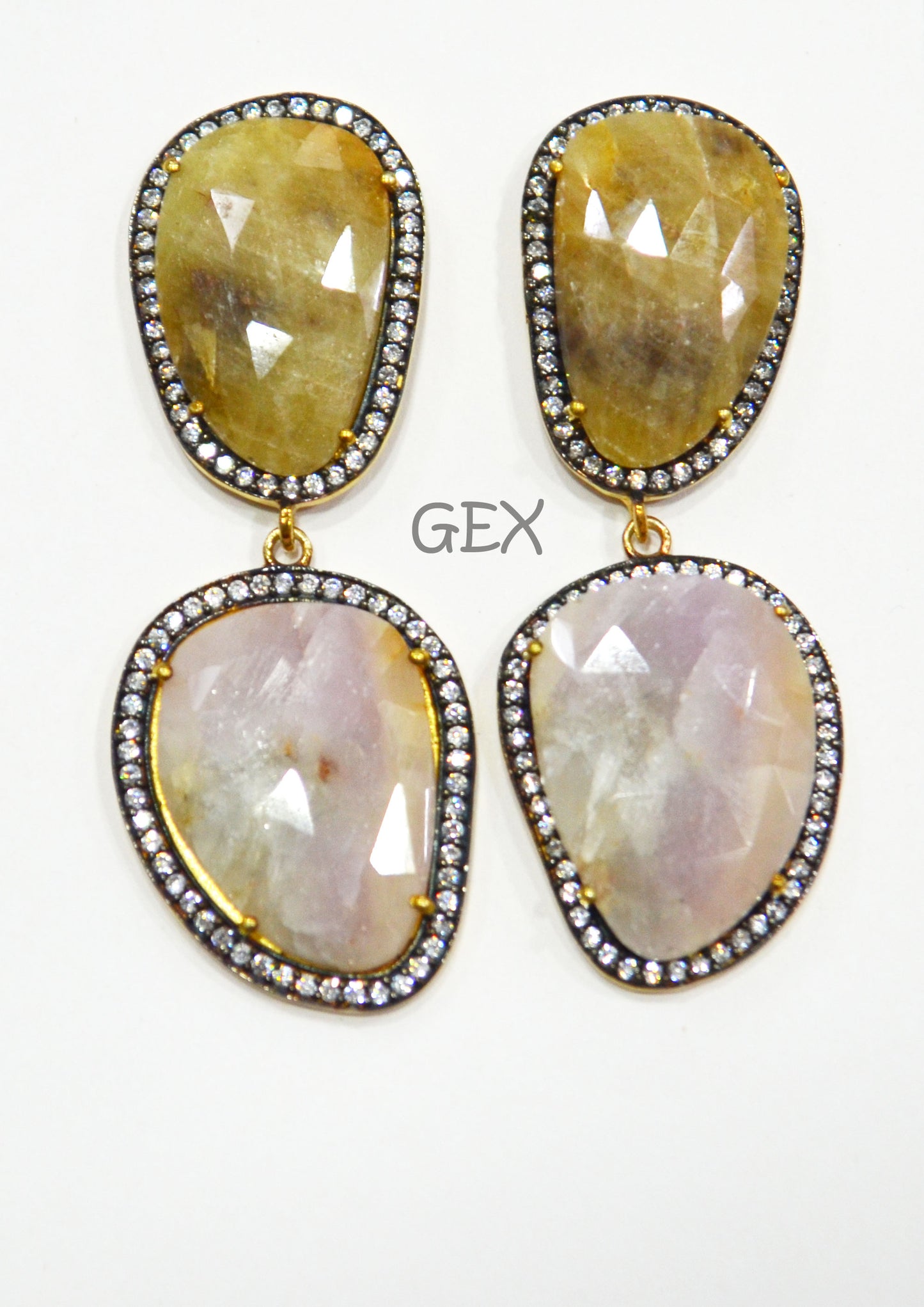 92.5 Sterling Silver Shaded White And Yellow Sapphire Faceted Fancy Shape Earring , Shaded White And Yellow Sapphire With Pave Cubic Zirconia Earring , 58 mm , E-024