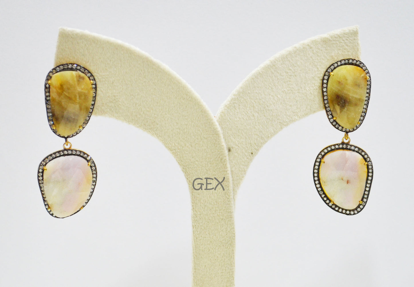 92.5 Sterling Silver Shaded White And Yellow Sapphire Faceted Fancy Shape Earring , Shaded White And Yellow Sapphire With Pave Cubic Zirconia Earring , 58 mm , E-024