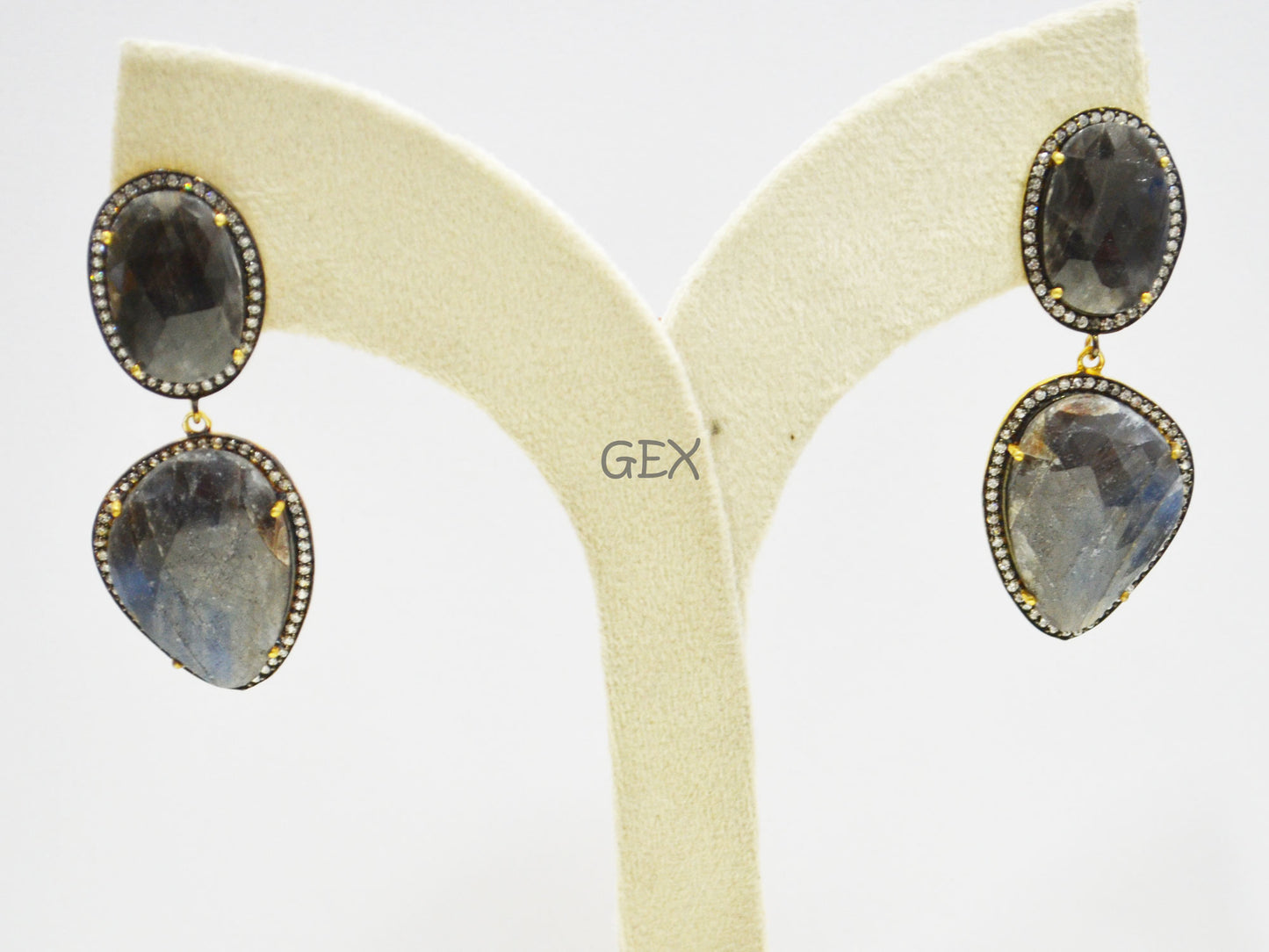 92.5 Sterling Silver Shaded Blue And Black Sapphire Faceted Fancy Shape Earring , Shaded Blue And Black Sapphire With Pave Cubic Zirconia Earring , 58 mm , E-025