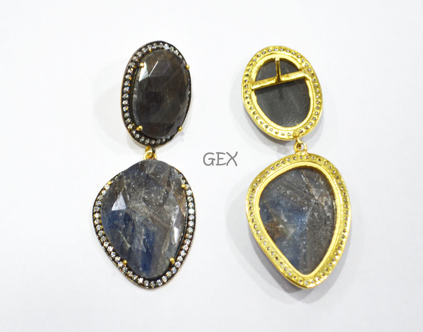 92.5 Sterling Silver Shaded Blue And Black Sapphire Faceted Fancy Shape Earring , Shaded Blue And Black Sapphire With Pave Cubic Zirconia Earring , 58 mm , E-025