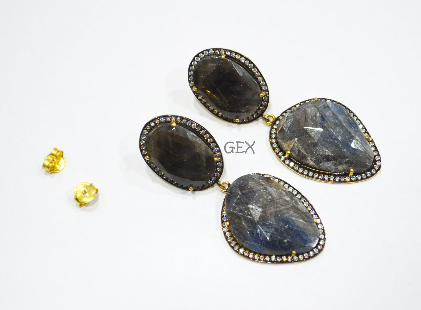 92.5 Sterling Silver Shaded Blue And Black Sapphire Faceted Fancy Shape Earring , Shaded Blue And Black Sapphire With Pave Cubic Zirconia Earring , 58 mm , E-025