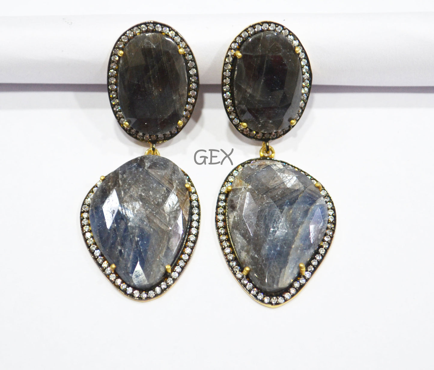 92.5 Sterling Silver Shaded Blue And Black Sapphire Faceted Fancy Shape Earring , Shaded Blue And Black Sapphire With Pave Cubic Zirconia Earring , 58 mm , E-025