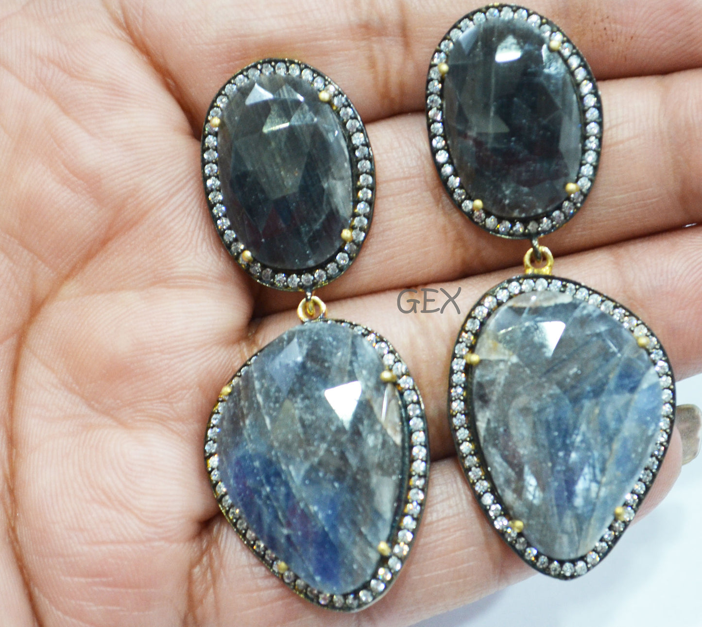 92.5 Sterling Silver Shaded Blue And Black Sapphire Faceted Fancy Shape Earring , Shaded Blue And Black Sapphire With Pave Cubic Zirconia Earring , 58 mm , E-025