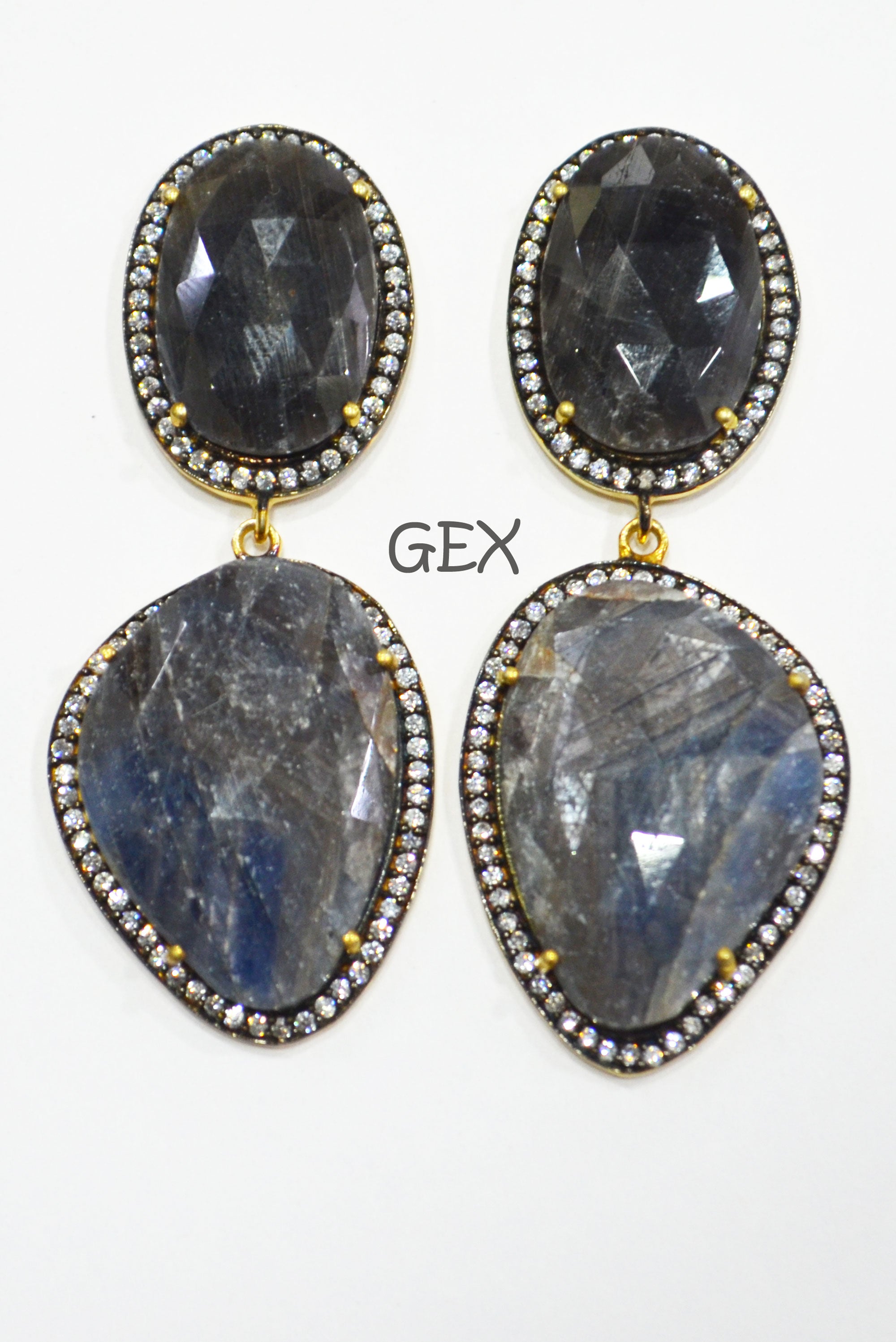 92.5 Sterling Silver Shaded Blue And Black Sapphire Faceted Fancy Shape Earring , Shaded Blue And Black Sapphire With Pave Cubic Zirconia Earring , 58 mm , E-025