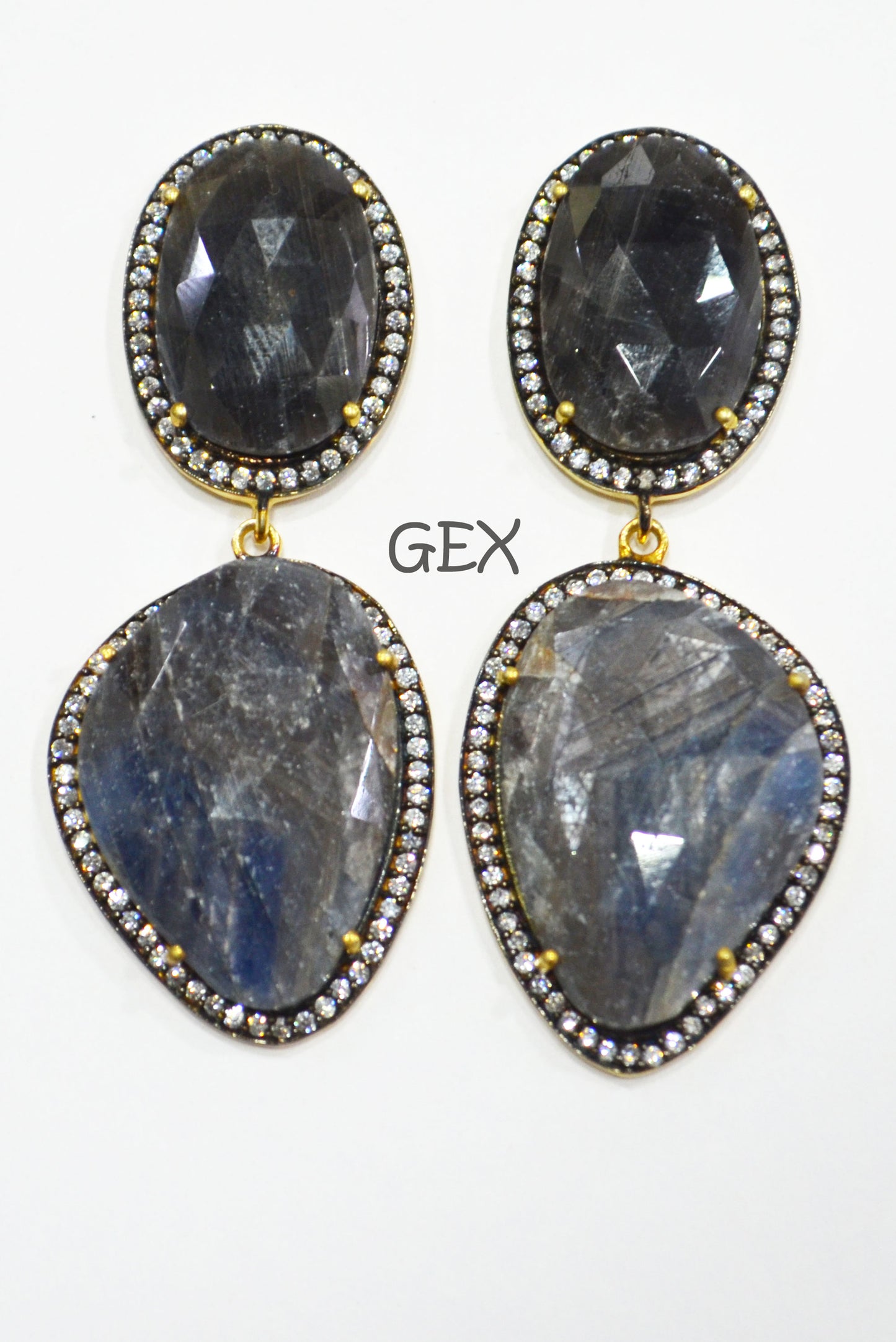 92.5 Sterling Silver Shaded Blue And Black Sapphire Faceted Fancy Shape Earring , Shaded Blue And Black Sapphire With Pave Cubic Zirconia Earring , 58 mm , E-025