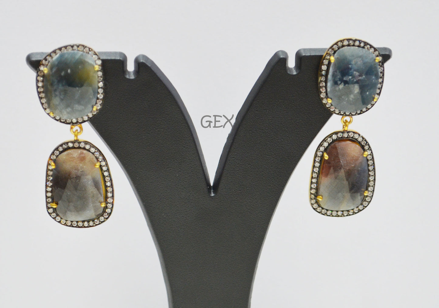 92.5 Sterling Silver Shaded Blue And Brown Sapphire Faceted Fancy Shape Earring , Shaded Blue And Brown Sapphire With Pave Cubic Zirconia Earring , 48 mm , E-026