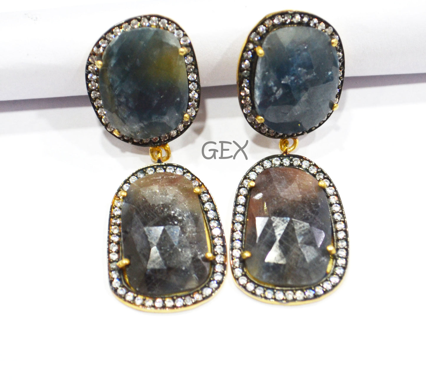 92.5 Sterling Silver Shaded Blue And Brown Sapphire Faceted Fancy Shape Earring , Shaded Blue And Brown Sapphire With Pave Cubic Zirconia Earring , 48 mm , E-026