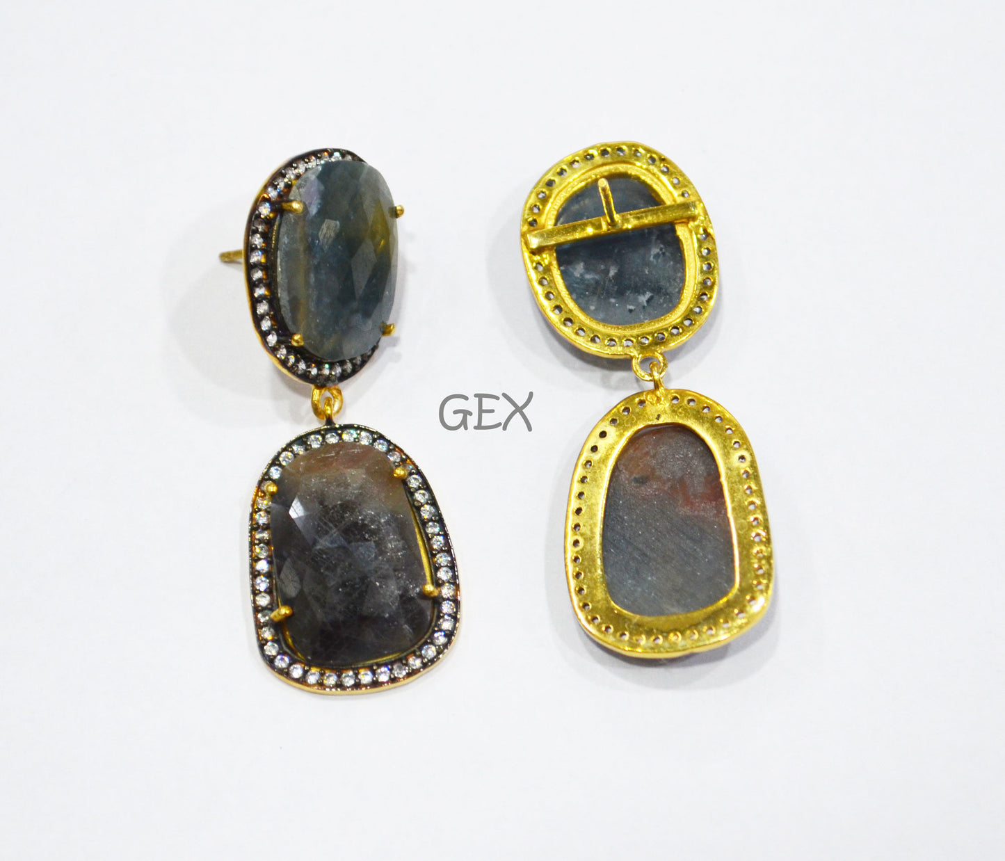92.5 Sterling Silver Shaded Blue And Brown Sapphire Faceted Fancy Shape Earring , Shaded Blue And Brown Sapphire With Pave Cubic Zirconia Earring , 48 mm , E-026
