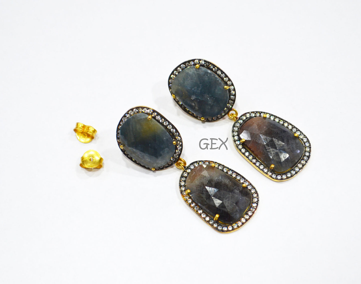 92.5 Sterling Silver Shaded Blue And Brown Sapphire Faceted Fancy Shape Earring , Shaded Blue And Brown Sapphire With Pave Cubic Zirconia Earring , 48 mm , E-026
