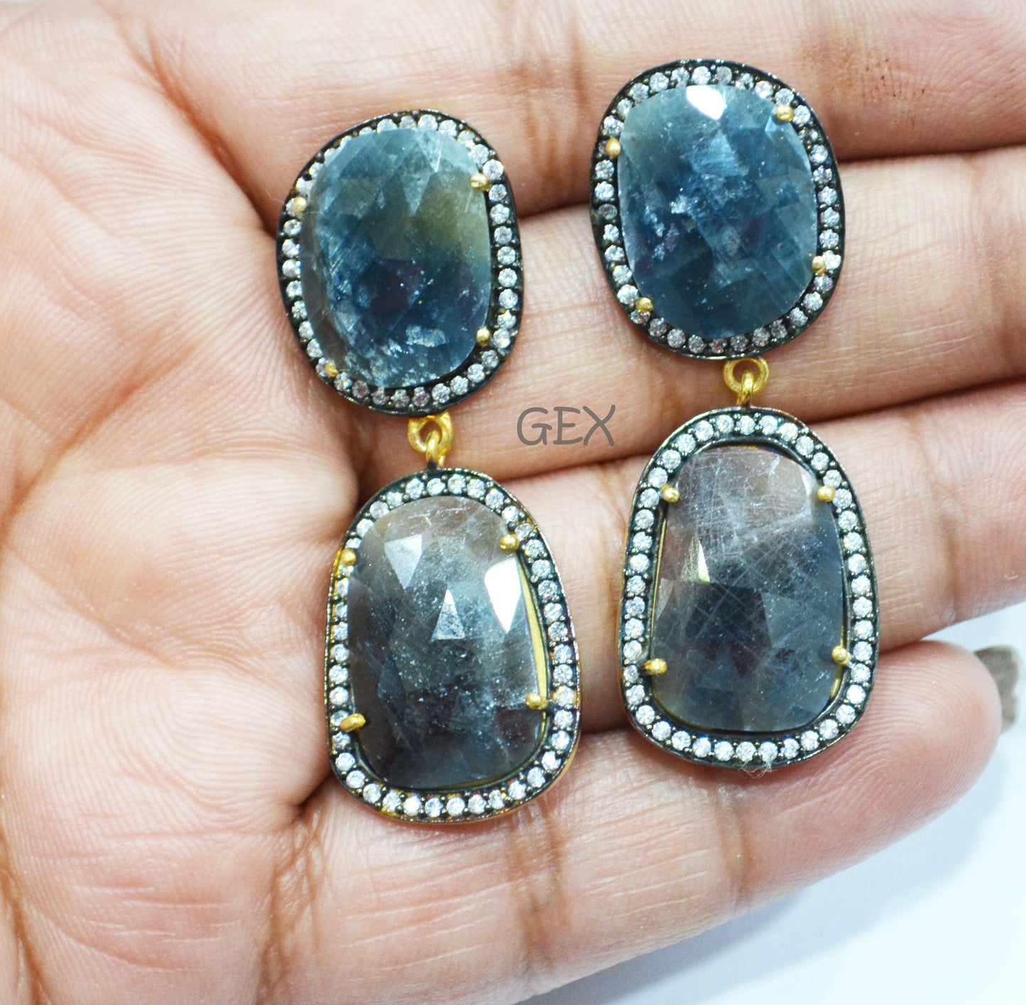 92.5 Sterling Silver Shaded Blue And Brown Sapphire Faceted Fancy Shape Earring , Shaded Blue And Brown Sapphire With Pave Cubic Zirconia Earring , 48 mm , E-026