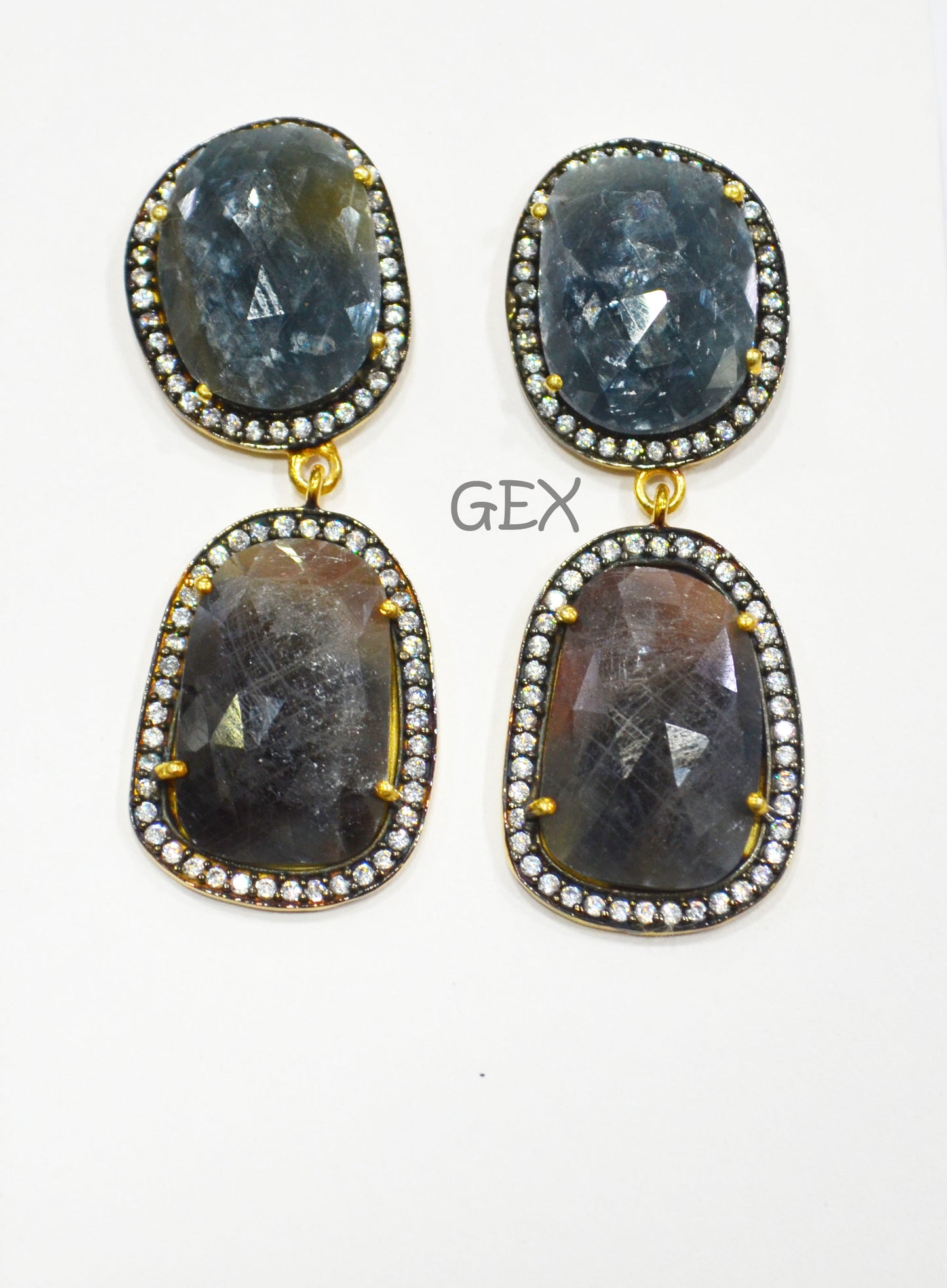 92.5 Sterling Silver Shaded Blue And Brown Sapphire Faceted Fancy Shape Earring , Shaded Blue And Brown Sapphire With Pave Cubic Zirconia Earring , 48 mm , E-026