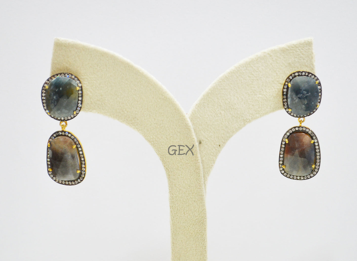 92.5 Sterling Silver Shaded Blue And Brown Sapphire Faceted Fancy Shape Earring , Shaded Blue And Brown Sapphire With Pave Cubic Zirconia Earring , 48 mm , E-026