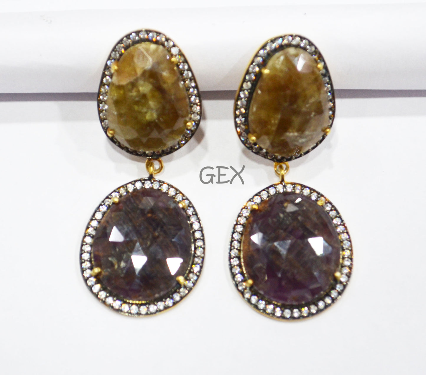 92.5 Sterling Silver Shaded Ruby And Yellow Sapphire Faceted Fancy Shape Earring , Shaded Ruby And Yellow Sapphire With Pave Cubic Zirconia Earring , 49 mm , E-027