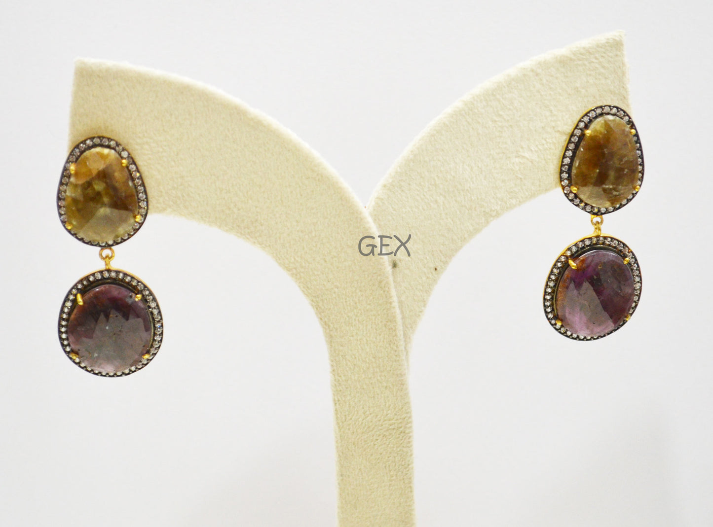 92.5 Sterling Silver Shaded Ruby And Yellow Sapphire Faceted Fancy Shape Earring , Shaded Ruby And Yellow Sapphire With Pave Cubic Zirconia Earring , 49 mm , E-027