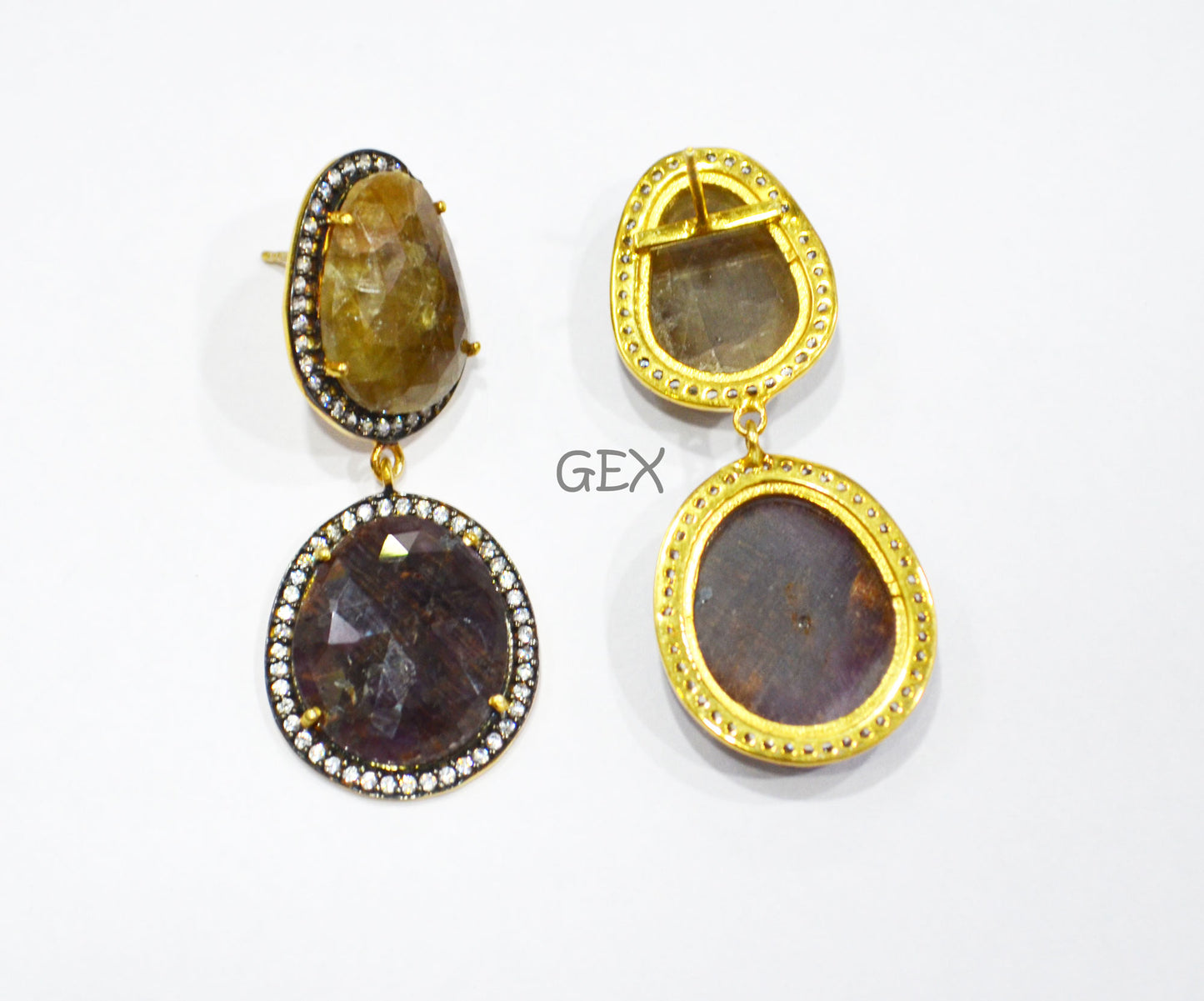 92.5 Sterling Silver Shaded Ruby And Yellow Sapphire Faceted Fancy Shape Earring , Shaded Ruby And Yellow Sapphire With Pave Cubic Zirconia Earring , 49 mm , E-027