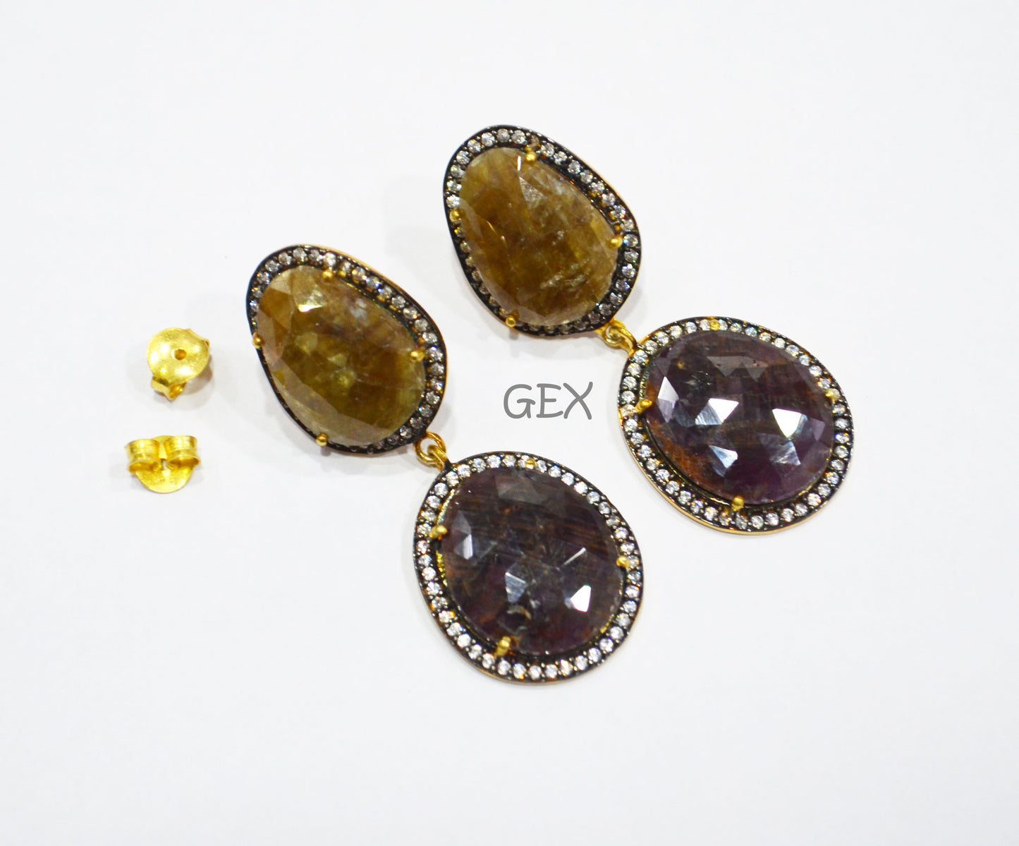 92.5 Sterling Silver Shaded Ruby And Yellow Sapphire Faceted Fancy Shape Earring , Shaded Ruby And Yellow Sapphire With Pave Cubic Zirconia Earring , 49 mm , E-027