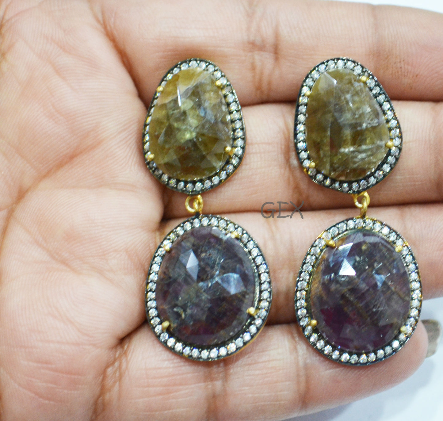 92.5 Sterling Silver Shaded Ruby And Yellow Sapphire Faceted Fancy Shape Earring , Shaded Ruby And Yellow Sapphire With Pave Cubic Zirconia Earring , 49 mm , E-027