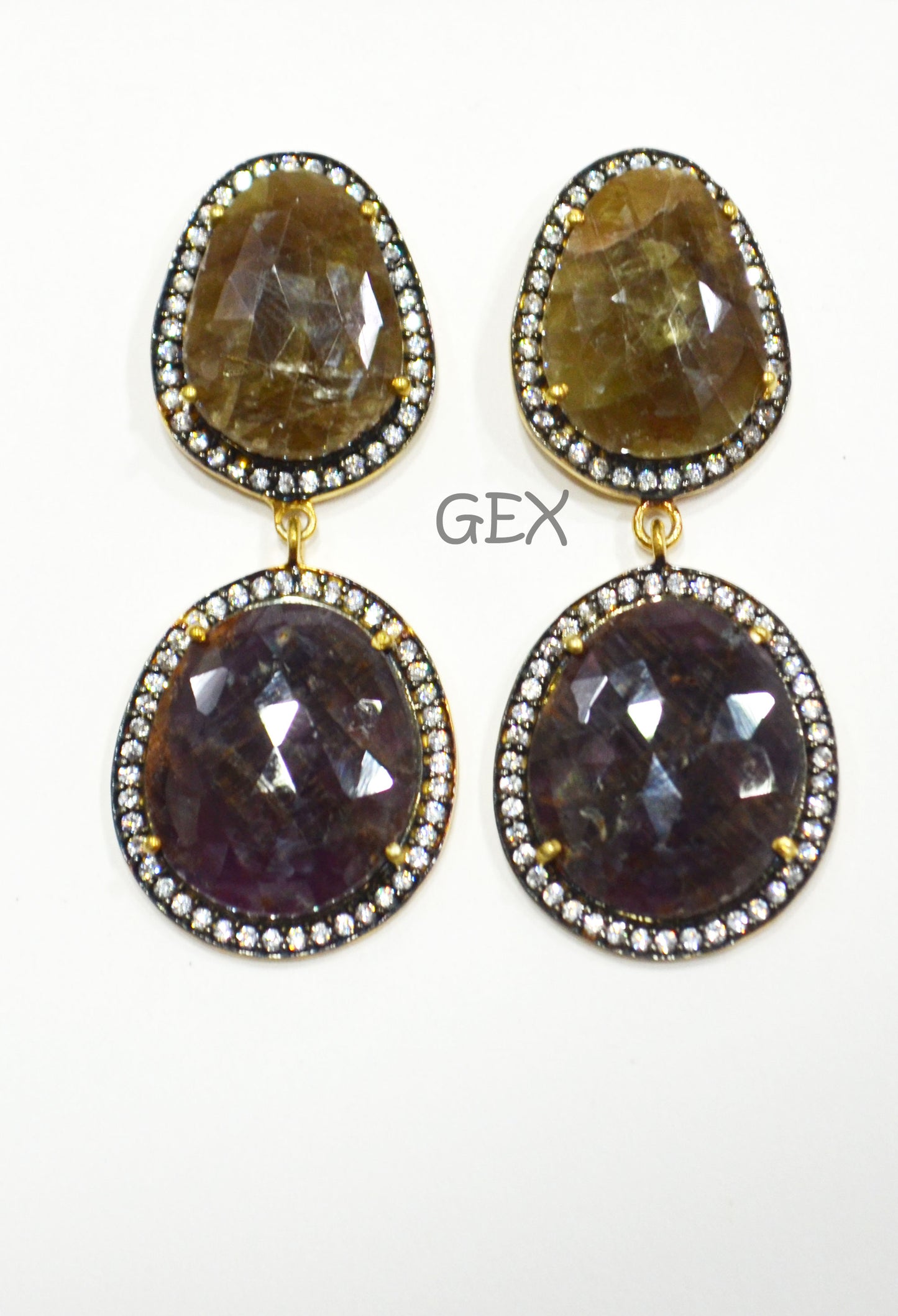 92.5 Sterling Silver Shaded Ruby And Yellow Sapphire Faceted Fancy Shape Earring , Shaded Ruby And Yellow Sapphire With Pave Cubic Zirconia Earring , 49 mm , E-027
