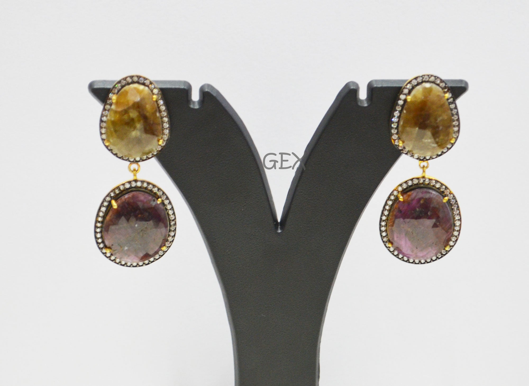 92.5 Sterling Silver Shaded Ruby And Yellow Sapphire Faceted Fancy Shape Earring , Shaded Ruby And Yellow Sapphire With Pave Cubic Zirconia Earring , 49 mm , E-027