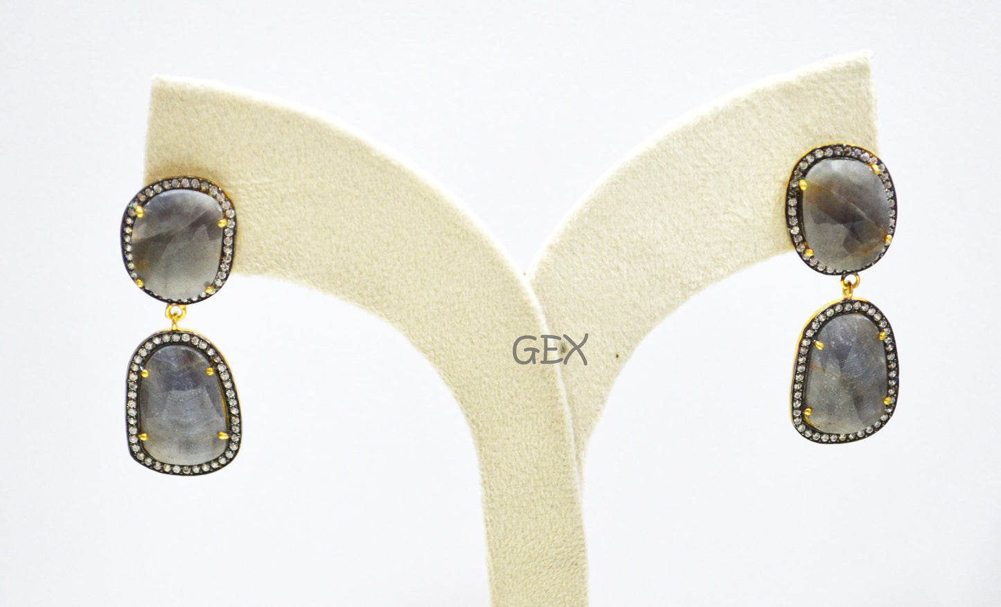 92.5 Sterling Silver Gray Sapphire Faceted Fancy Shape Earring , Gray Sapphire With Pave Cubic Zirconia Earring , 48 mm , E-028