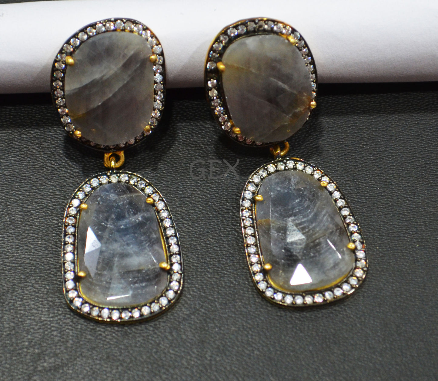 92.5 Sterling Silver Gray Sapphire Faceted Fancy Shape Earring , Gray Sapphire With Pave Cubic Zirconia Earring , 48 mm , E-028