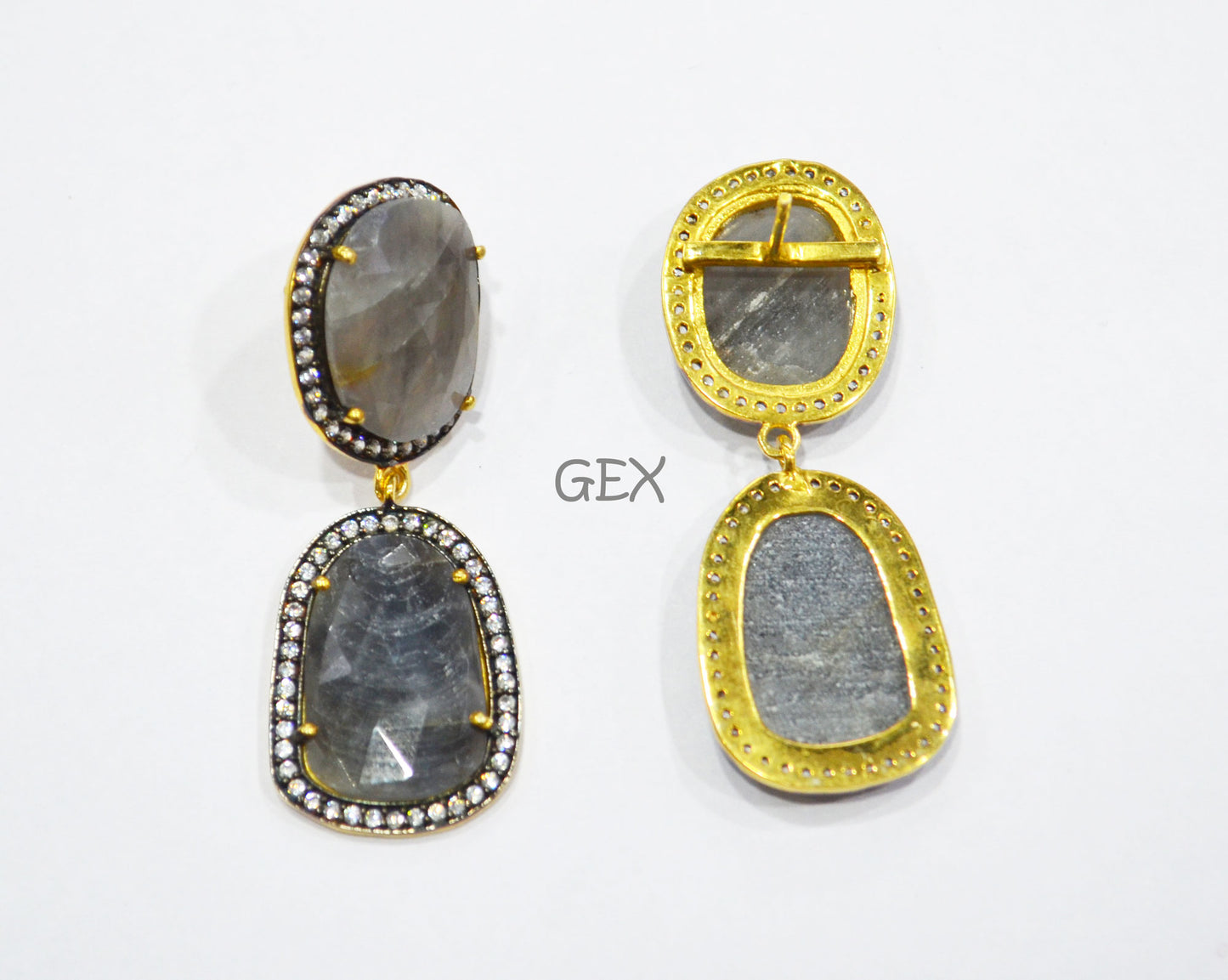 92.5 Sterling Silver Gray Sapphire Faceted Fancy Shape Earring , Gray Sapphire With Pave Cubic Zirconia Earring , 48 mm , E-028
