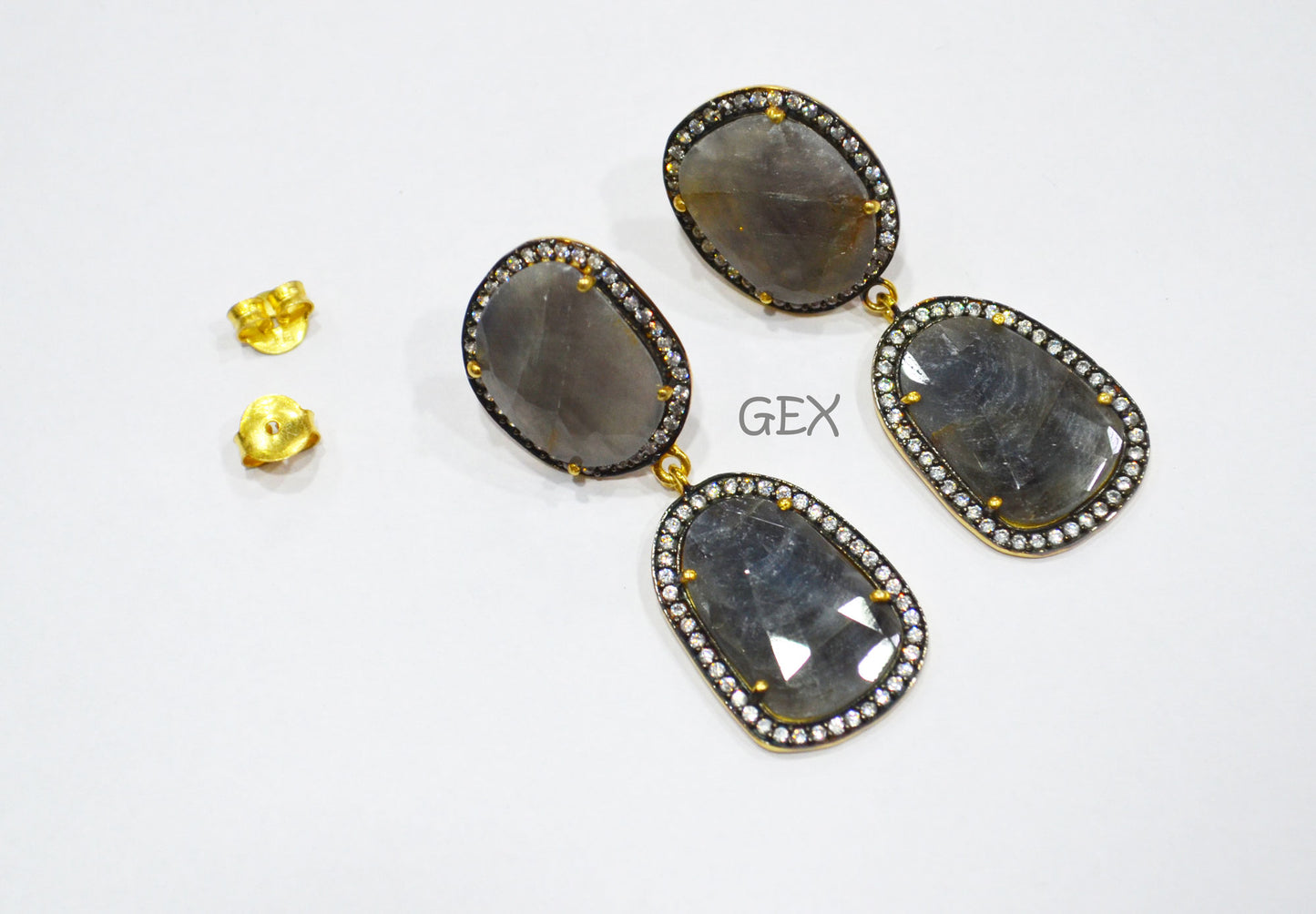 92.5 Sterling Silver Gray Sapphire Faceted Fancy Shape Earring , Gray Sapphire With Pave Cubic Zirconia Earring , 48 mm , E-028