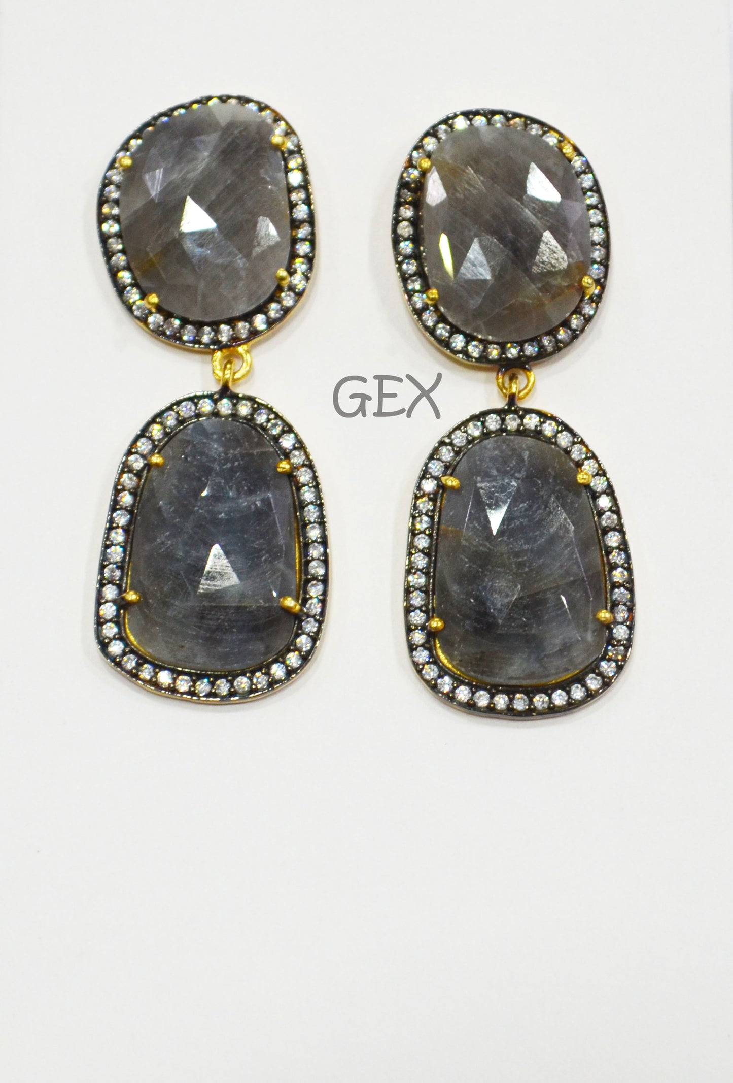 92.5 Sterling Silver Gray Sapphire Faceted Fancy Shape Earring , Gray Sapphire With Pave Cubic Zirconia Earring , 48 mm , E-028